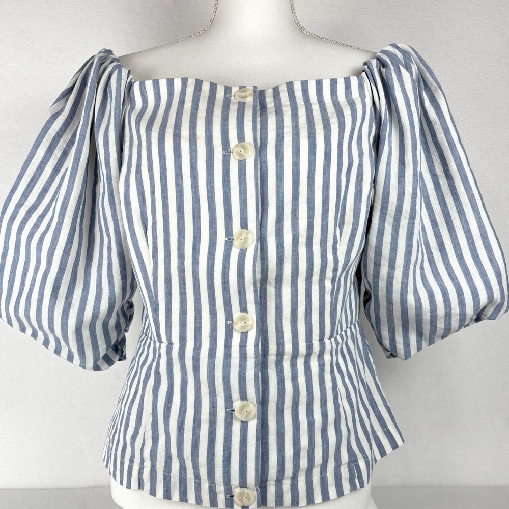 Vince Camuto Off-Shoulder Puff Sleeve Blouse Blue White Stripe Smocked Back 10